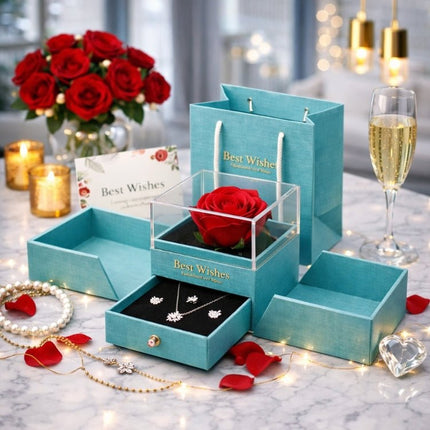 Preserved Real Rose Gift Box with Necklace Earrings Set for Her | Eternal Flower Jewelry Box | Romantic Anniversary, Birthday Gift for Wife, Girlfriend | Kouvr 2