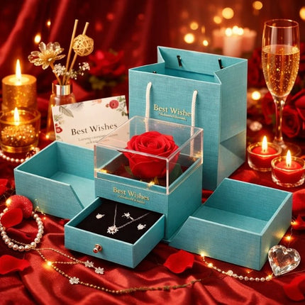 Preserved Real Rose Gift Box with Necklace Earrings Set for Her | Eternal Flower Jewelry Box | Romantic Anniversary, Birthday Gift for Wife, Girlfriend | Kouvr 3
