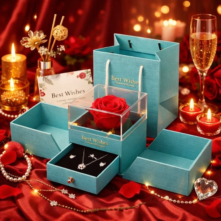 Preserved Real Rose Gift Box with Necklace Earrings Set for Her | Eternal Flower Jewelry Box | Romantic Anniversary, Birthday Gift for Wife, Girlfriend | Kouvr 3