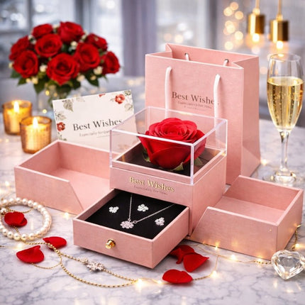 Preserved Real Rose Gift Box with Necklace Earrings Set for Her | Eternal Flower Jewelry Box | Romantic Anniversary, Birthday Gift for Wife, Girlfriend | Kouvr 4