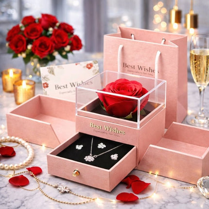 Preserved Real Rose Gift Box with Necklace Earrings Set for Her | Eternal Flower Jewelry Box | Romantic Anniversary, Birthday Gift for Wife, Girlfriend | Kouvr 5