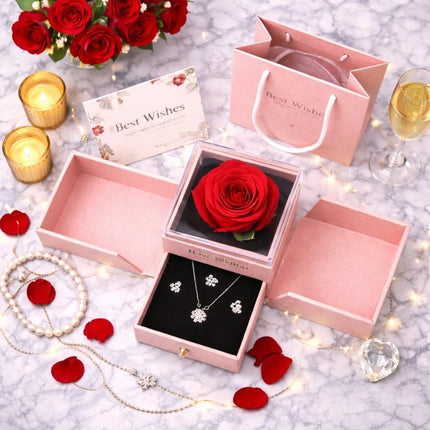 Preserved Real Rose Gift Box with Necklace Earrings Set for Her | Eternal Flower Jewelry Box | Romantic Anniversary, Birthday Gift for Wife, Girlfriend | Kouvr 6