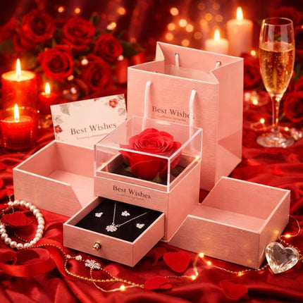 Preserved Real Rose Gift Box with Necklace Earrings Set for Her | Eternal Flower Jewelry Box | Romantic Anniversary, Birthday Gift for Wife, Girlfriend | Kouvr 7