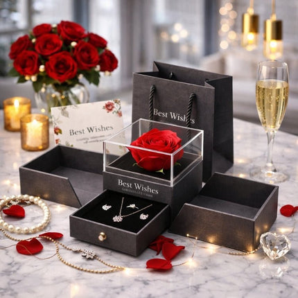 Preserved Real Rose Gift Box with Necklace Earrings Set for Her | Eternal Flower Jewelry Box | Romantic Anniversary, Birthday Gift for Wife, Girlfriend | Kouvr 8