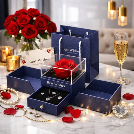 Preserved Real Rose Gift Box with Necklace Earrings Set for Her | Eternal Flower Jewelry Box | Romantic Anniversary, Birthday Gift for Wife, Girlfriend | Kouvr 9