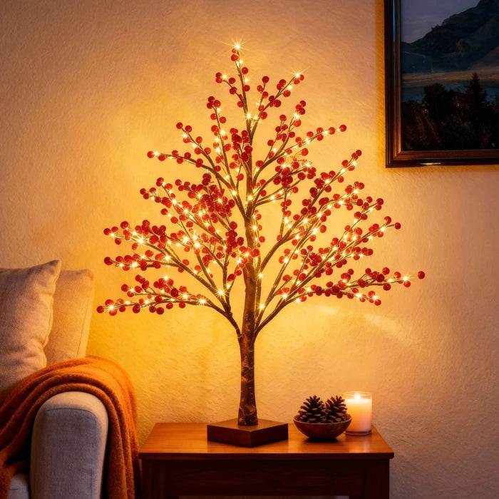 Red Berry Tree Lamp – Tabletop Tree with Realistic Berry Clusters and Warm Light