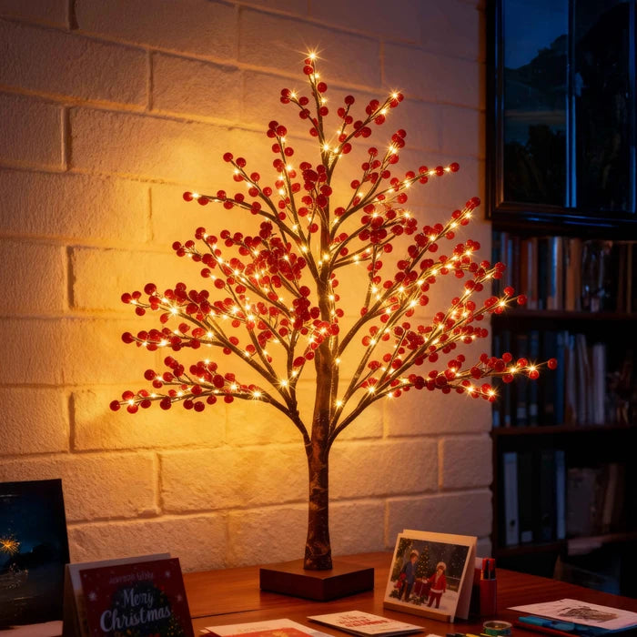 Red Berry Tree Lamp – Tabletop Tree with Realistic Berry Clusters and Warm Light