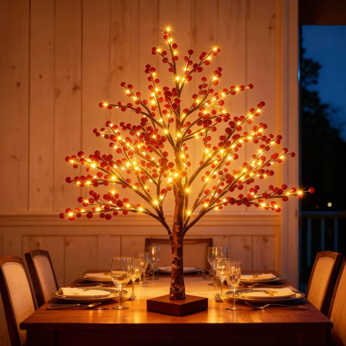 Red Berry Tree Lamp – Tabletop Tree with Realistic Berry Clusters and Warm Light