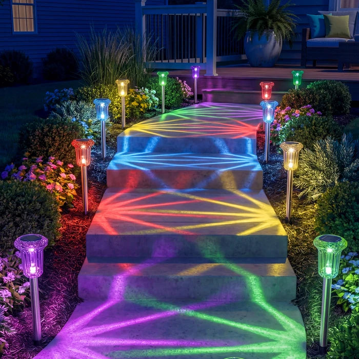 Solar Rainbow Stake Lights – Colorful Starburst Rays for Paths and Garden Beds
