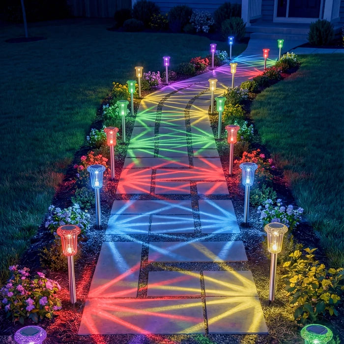 Solar Rainbow Stake Lights – Colorful Starburst Rays for Paths and Garden Beds