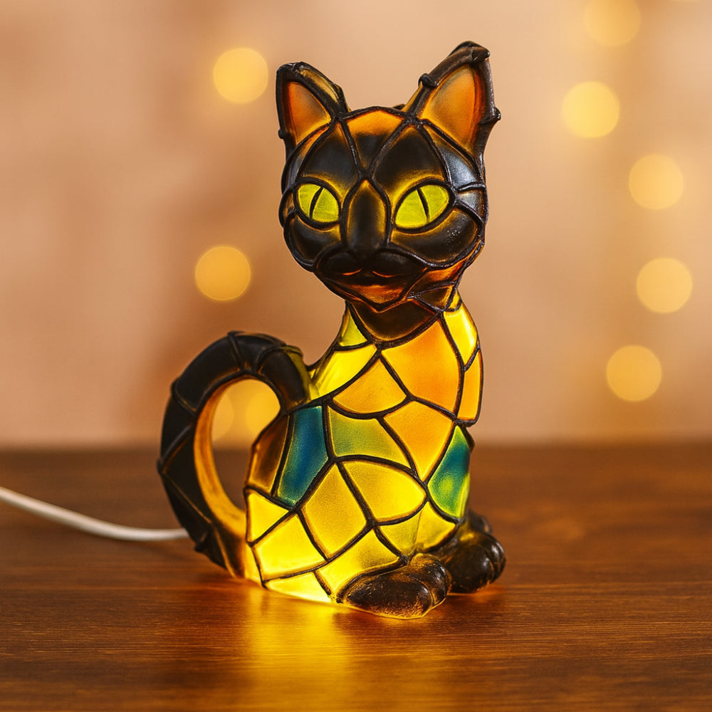 Resin Cat Lamp Tiffany Style Figurine Warm Glow Table Lamp 0