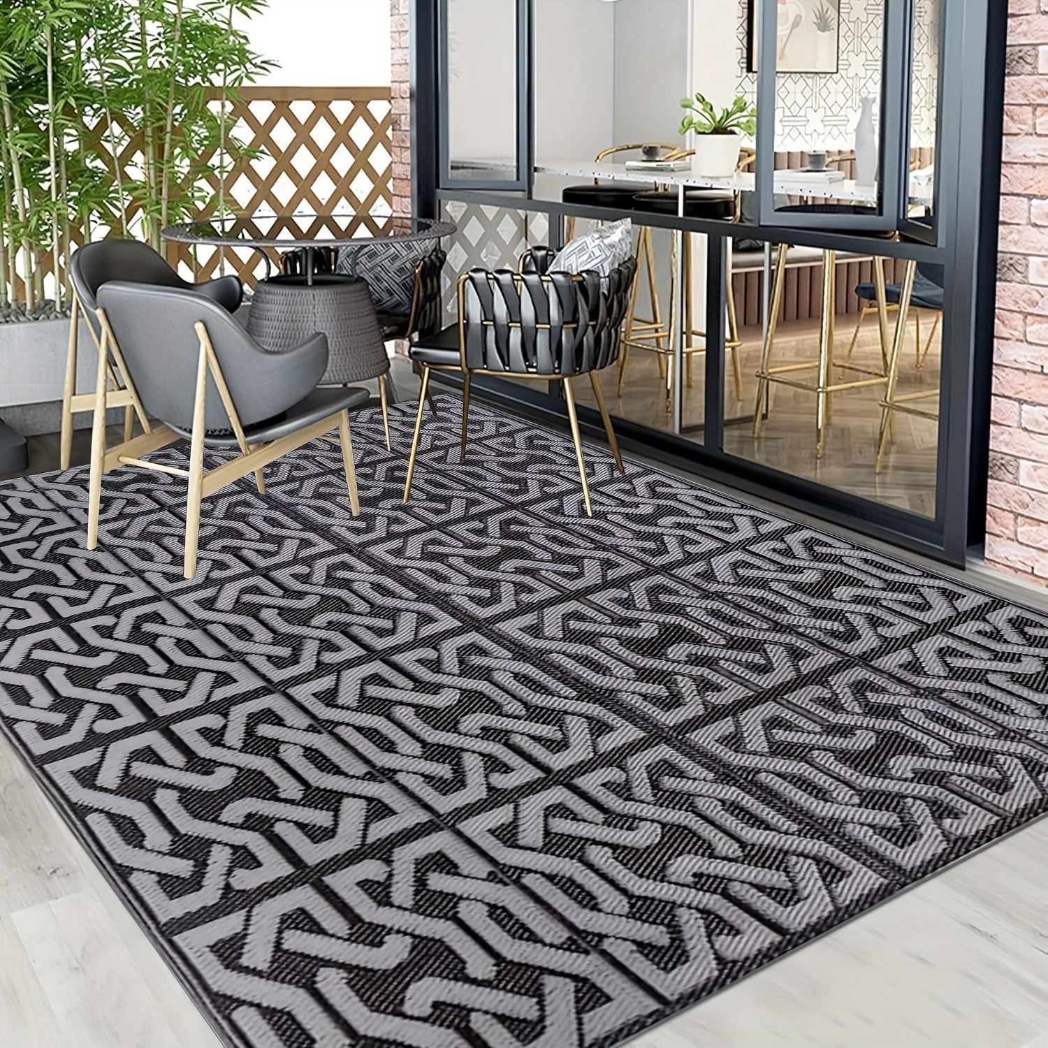 Reversible Outdoor Rug | Black & Grey Modern Patio Mat 0