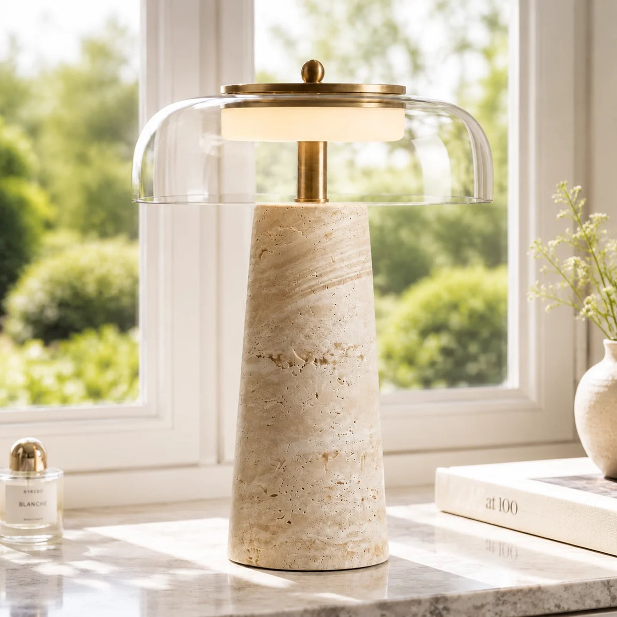 Ryn Wabi‑Sabi Travertine Glass Mushroom Table Light 0