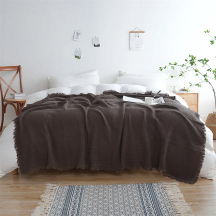 Checkered Cotton Throw Blanket with Jacquard Weave, Fringe Detailing and Timeless Soft Comfort