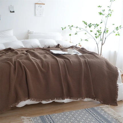 Checkered Cotton Throw Blanket with Jacquard Weave, Fringe Detailing and Timeless Soft Comfort