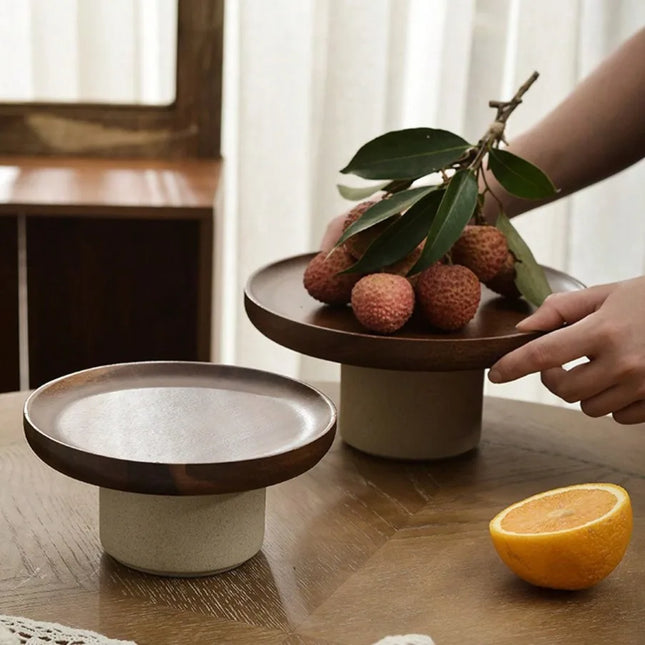 Footed Wooden and Ceramic Fruit Bowl with Vintage Decorative Design for Serving and Storage