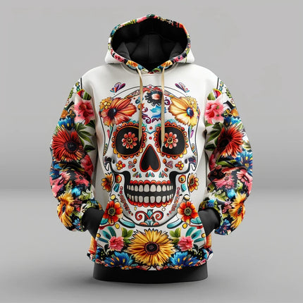 Floral Skull Hoodie – Full-Print Graphic Pullover with Midweight Comfort