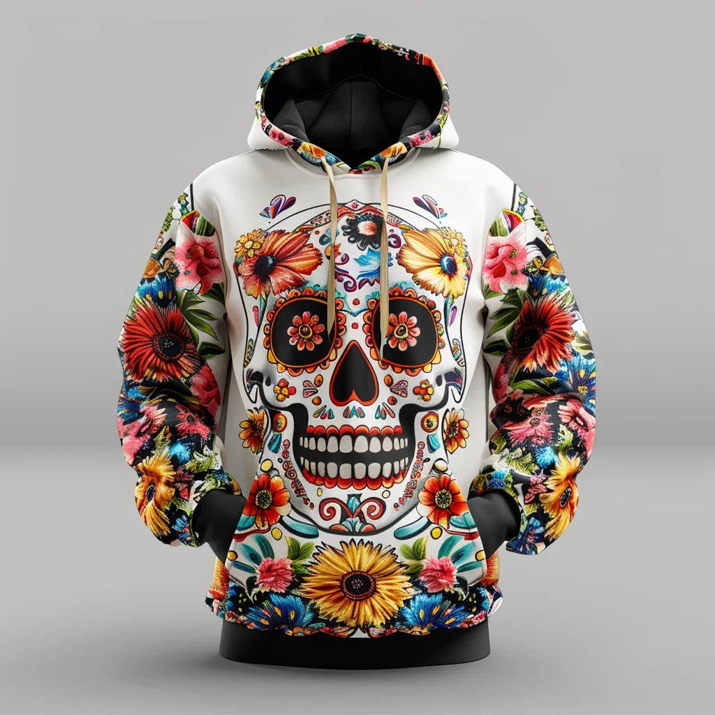 Floral Skull Hoodie – Full-Print Graphic Pullover with Midweight Comfort