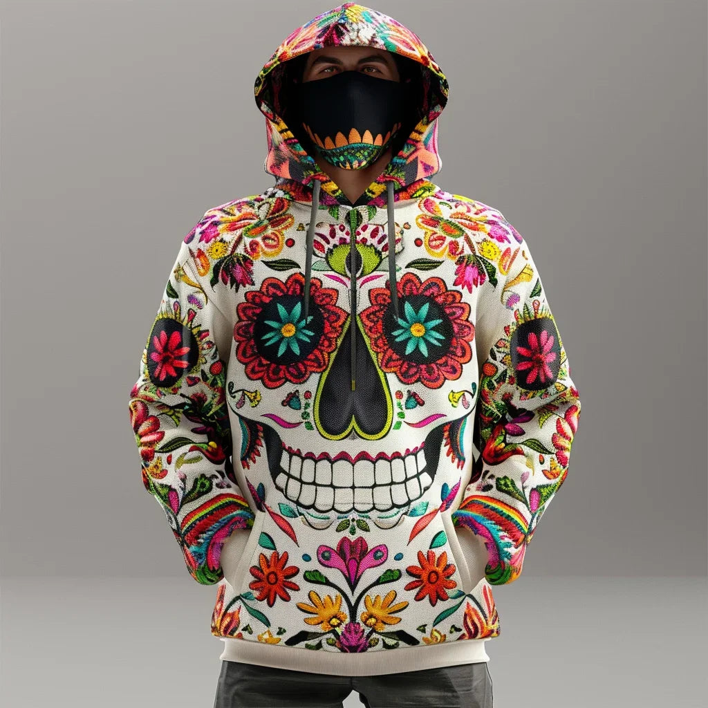 Floral Skull Hoodie – Full-Print Graphic Pullover with Midweight Comfort