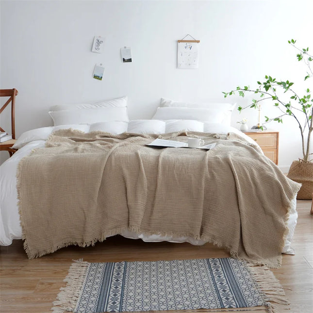 Checkered Cotton Throw Blanket with Jacquard Weave, Fringe Detailing and Timeless Soft Comfort