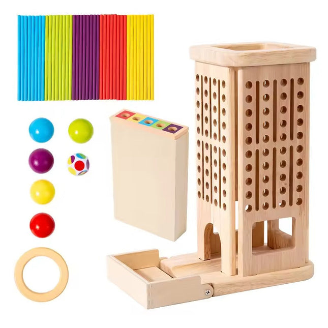 Wooden Stacking Tower Game – Montessori-Inspired Educational Toy with Colored Sticks and Dice
