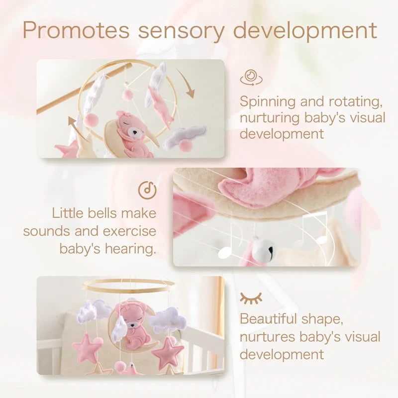 Mobile de lit bébé en bois – Design ours en feutre fait main pour une chambre calme et décorative