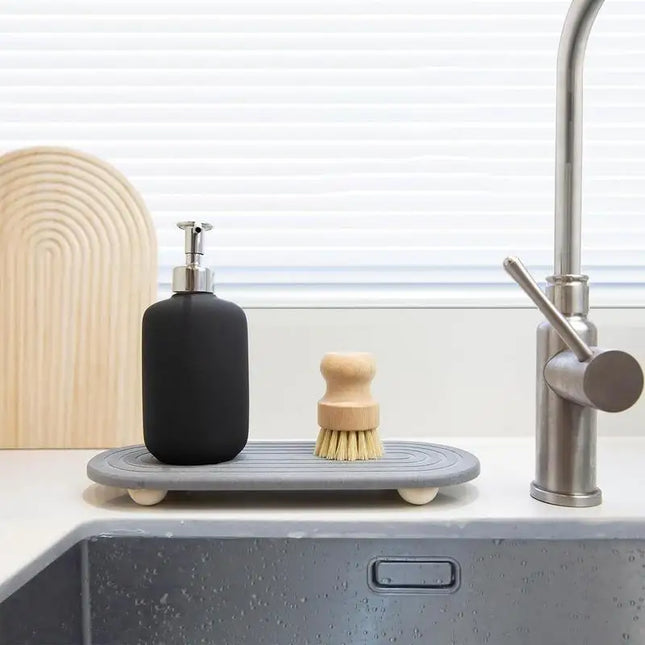 Water-Absorbing Tray with Wooden Feet for Clean and Stylish Bathroom and Kitchen Surfaces