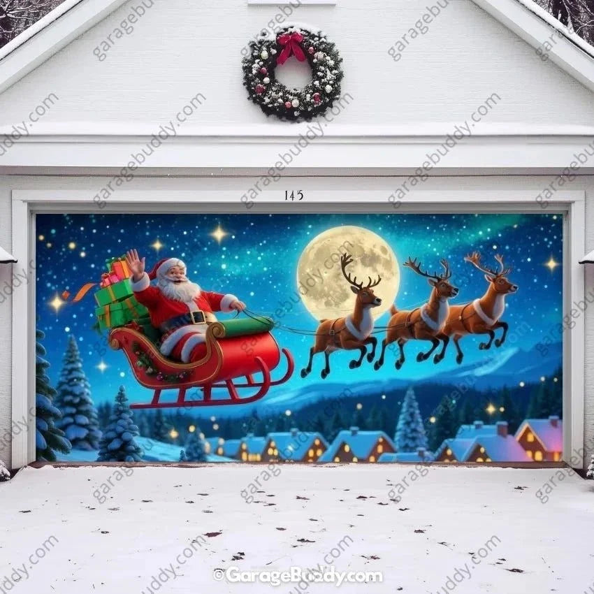 Santa’s Flight Glow Christmas Garage Door Cover – Easy Installation, Festive Holiday Decor 2