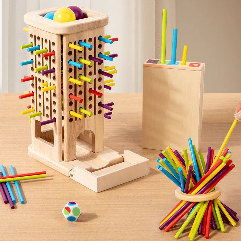 Wooden Stacking Tower Game – Montessori-Inspired Educational Toy with Colored Sticks and Dice