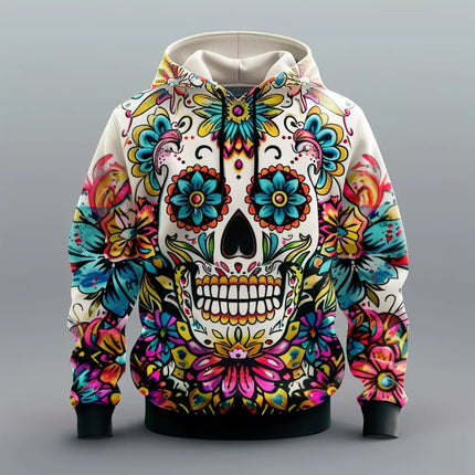 Floral Skull Hoodie – Full-Print Graphic Pullover with Midweight Comfort