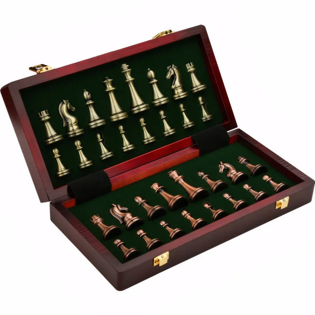 Luxury Chess Set – Antique Bronze Pieces with Foldable Solid Wood Board