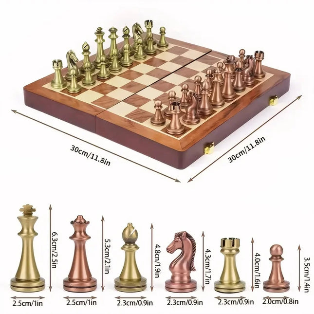 Luxury Chess Set – Antique Bronze Pieces with Foldable Solid Wood Board