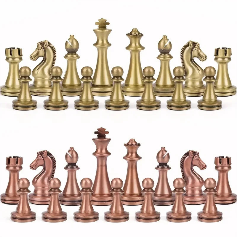 Jeu d’Échecs de Luxe – Pièces en Bronze Ancien avec Plateau Pliable en Bois Massif