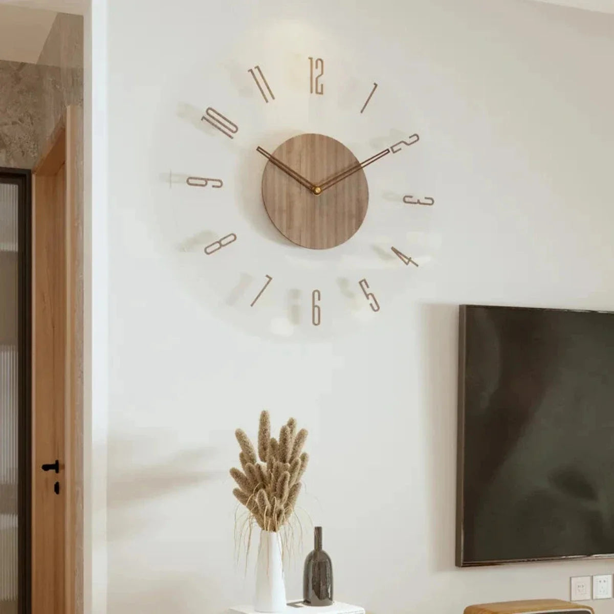 Skandinavische Wanduhr 30 cm aus Buchenholz und Glas, geräuschloses Quarzwerk 7
