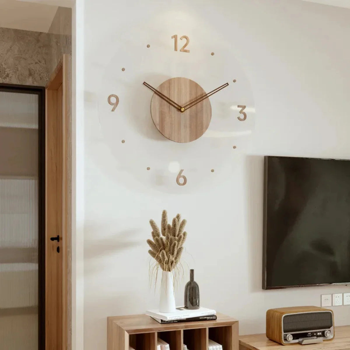 Skandinavische Wanduhr 30 cm aus Buchenholz und Glas, geräuschloses Quarzwerk 8