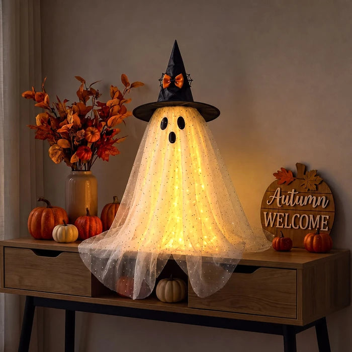Lighted Halloween Ghost – Sparkly Tulle Ghost Figure in a Witch Hat