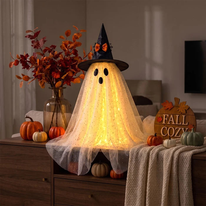 Lighted Halloween Ghost – Sparkly Tulle Ghost Figure in a Witch Hat