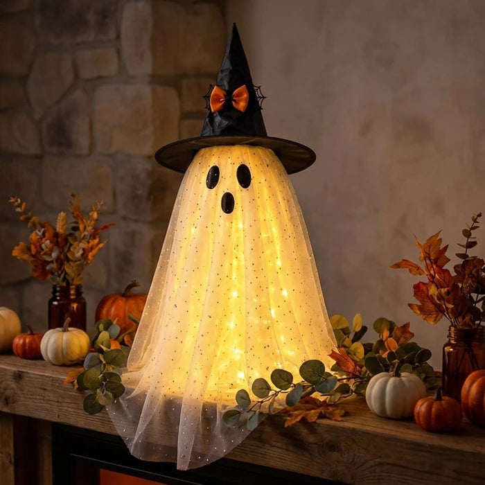 Lighted Halloween Ghost – Sparkly Tulle Ghost Figure in a Witch Hat