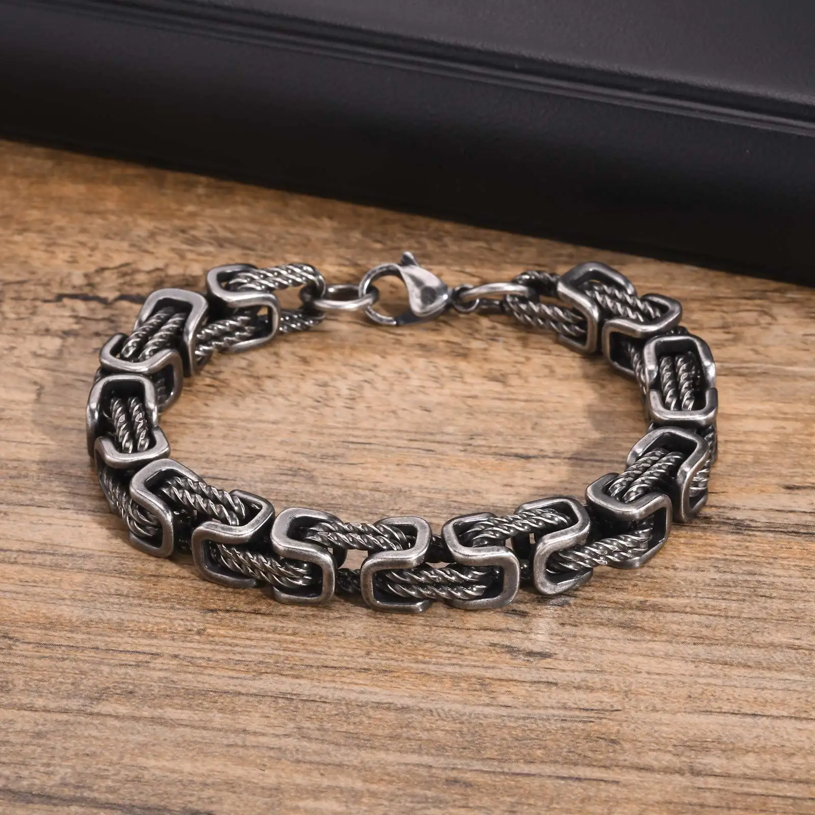 Stainless Steel Chain Cuff Bracelet with Polished Finish, Woven-Core Links 4