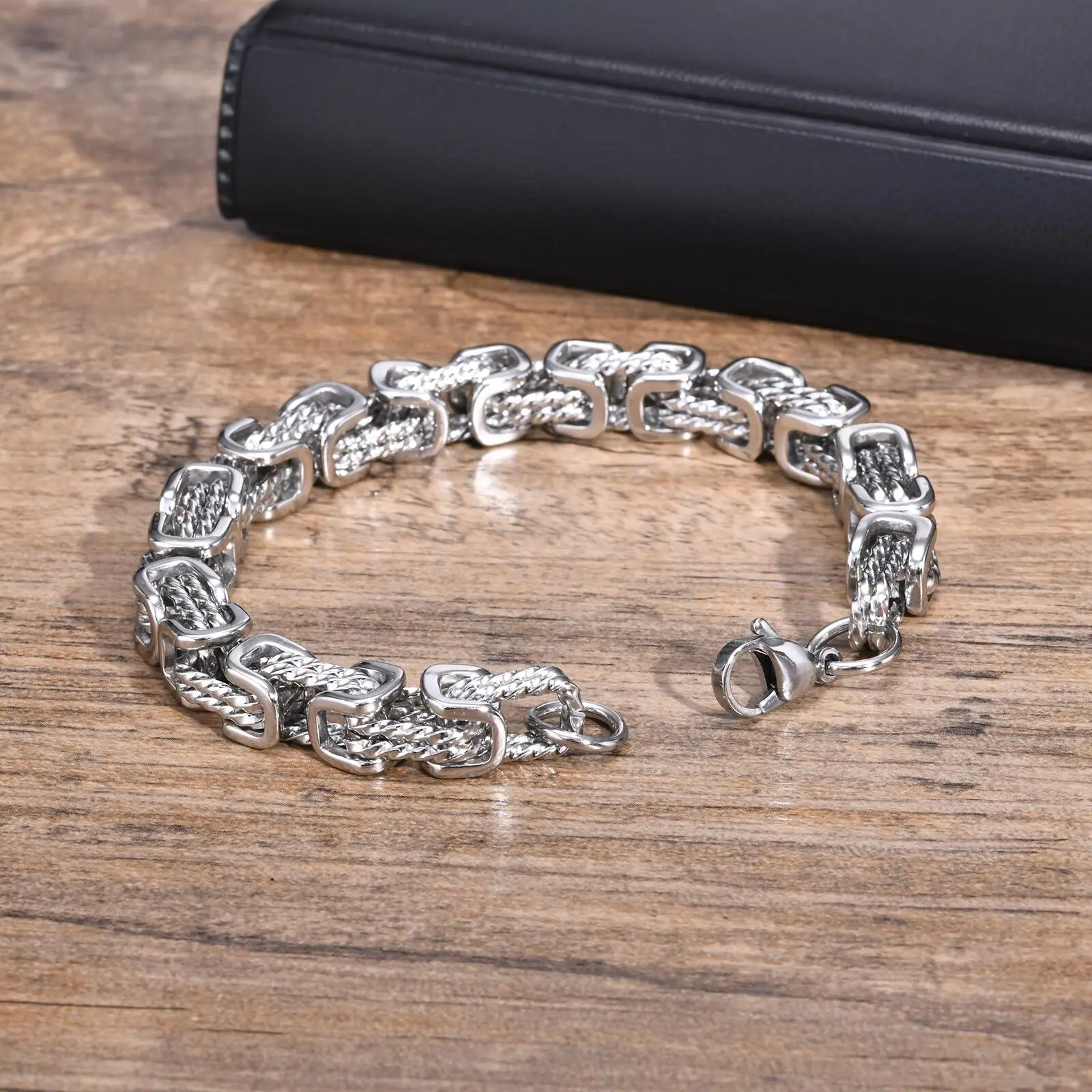 Stainless Steel Chain Cuff Bracelet with Polished Finish, Woven-Core Links 5