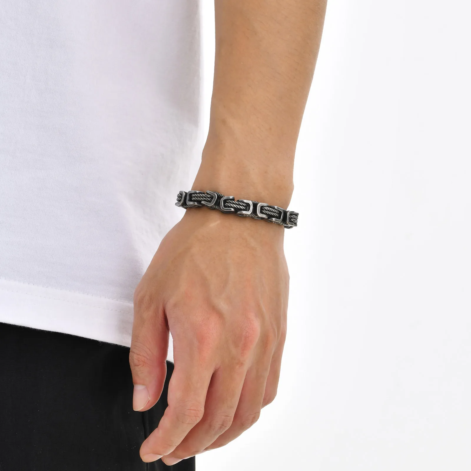 Stainless Steel Chain Cuff Bracelet with Polished Finish, Woven-Core Links 6