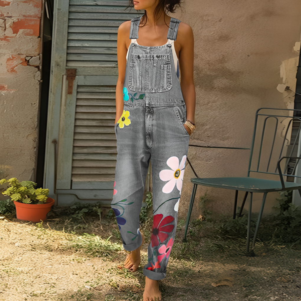 Stylish Denim Jumpsuit for Women with Floral Pattern, Cotton, Zip Closure 3