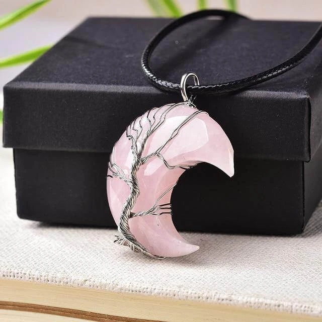 Crescent Moon Crystal Necklace – Tree of Life Pendant with Wire-Wrapped Stones