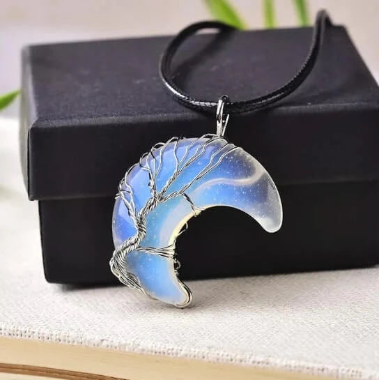 Crescent Moon Crystal Necklace – Tree of Life Pendant with Wire-Wrapped Stones