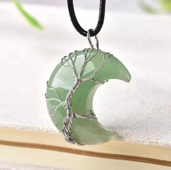 Crescent Moon Crystal Necklace – Tree of Life Pendant with Wire-Wrapped Stones