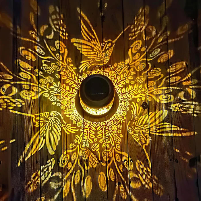 Hummingbird Garden Lantern – Warm Glow with Birds-in-Flight Silhouettes