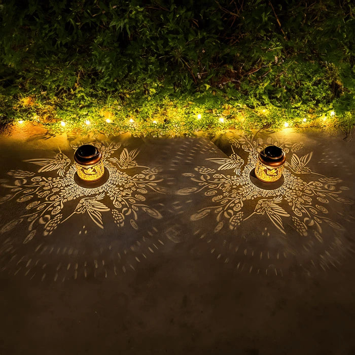 Hummingbird Garden Lantern – Warm Glow with Birds-in-Flight Silhouettes