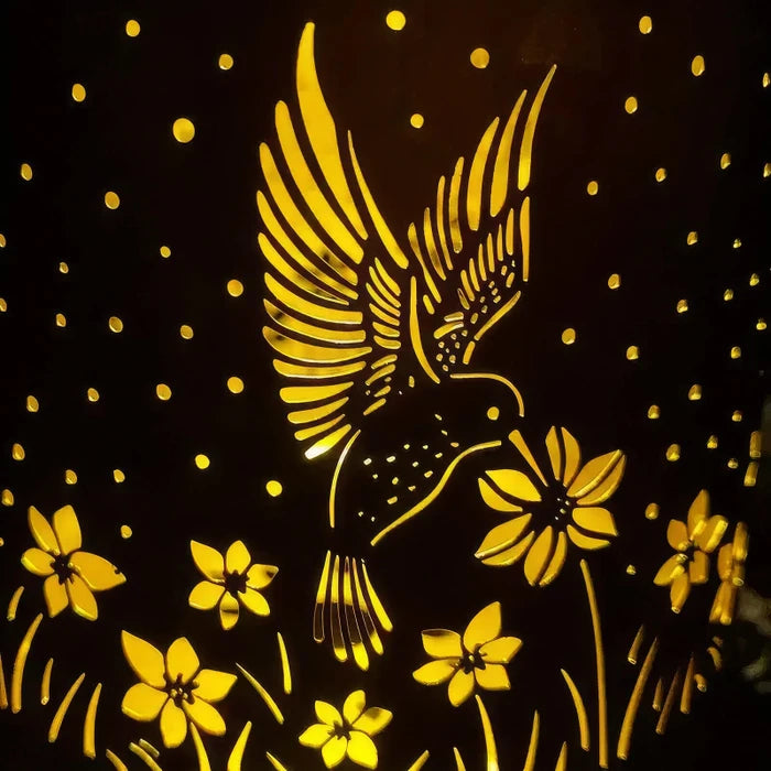 Hummingbird Garden Lantern – Warm Glow with Birds-in-Flight Silhouettes