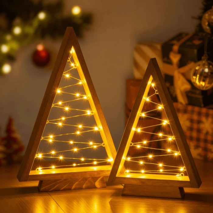 Wooden Triangle Christmas Trees – Lighted Tabletop Set With Star Fairy Lights