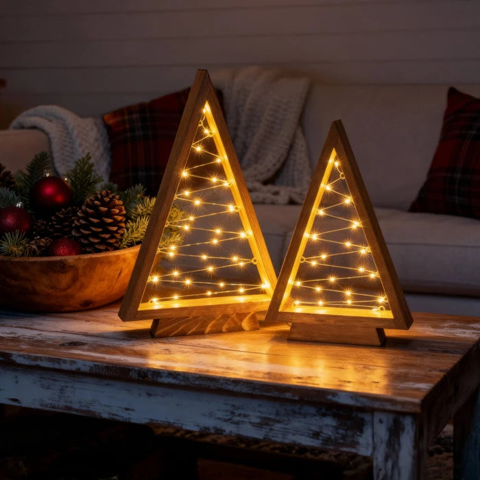 Wooden Triangle Christmas Trees – Lighted Tabletop Set With Star Fairy Lights